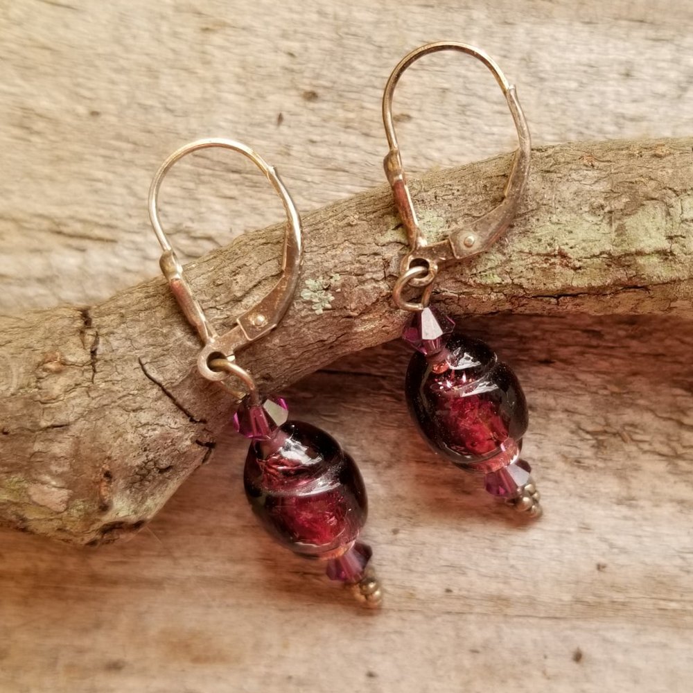 Earrings purple beads and crystals in silver